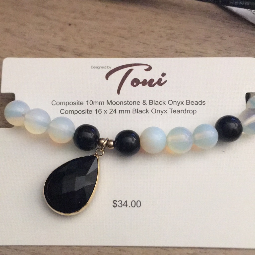 Composite Moonstone & Black Onyx Beads With Composite Black Onyx Teardrop